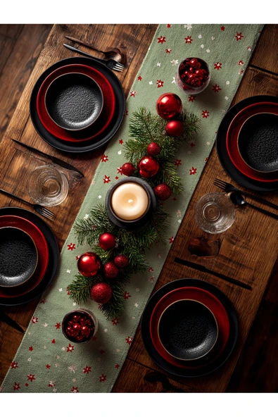 Medi Home Yılbaşı Lacivert Çam Dalı Deseni Runner - Resim 2