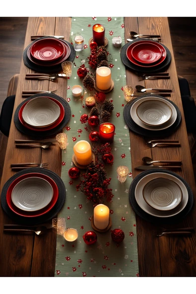 Medi Home Yılbaşı Red Star Mini Desenli Runner – Açık Yeşil - Resim 3