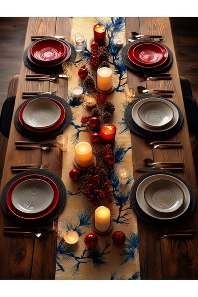 Medi Home Yılbaşı Indigo Breeze Fırça Desenli Çam Dalı Runner – Mavi & Bej - Resim 2