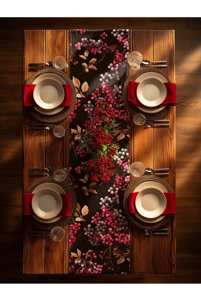 Medi Home Yılbaşı Frosty Berry Kırmızı Meyve ve Mavi Yaprak Desenli Runner – Krem Zemin - Resim 4