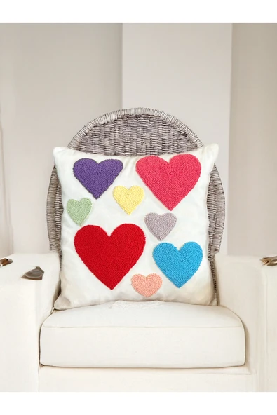 Medi Home Kalp Motifli El Yapımı Panç Kırlent Kılıfı - Resim 2