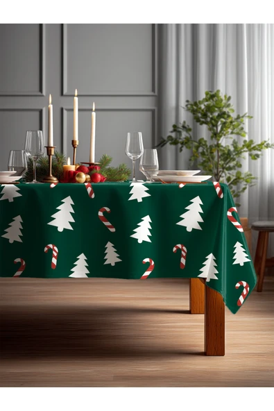 Medi Home Yılbaşı Şeker Baston ve Çam Ağacı Deseni Masa Örtüsü ürün görseli 1