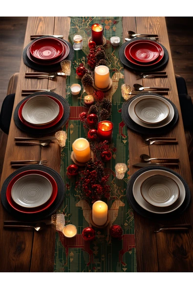 Medi Home Yılbaşı Midnight Majesty Geometrik Geyik Desenli Runner – Lacivert & Altın - Resim 6