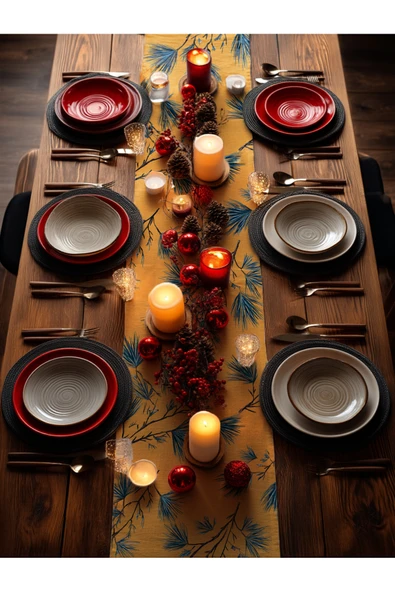 Medi Home Yılbaşı Lacivert Çam Dalı Deseni Runner - Resim 9