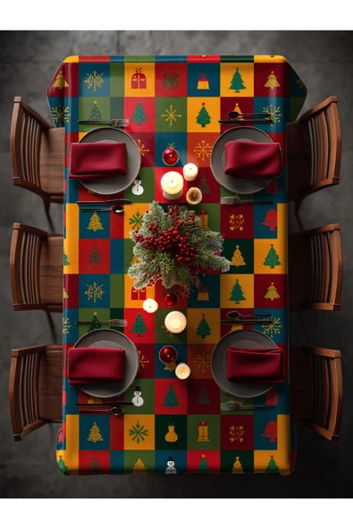 Medi Home Yılbaşı Renkli Kareli Noel Deseni Masa Örtüsü - Resim 2