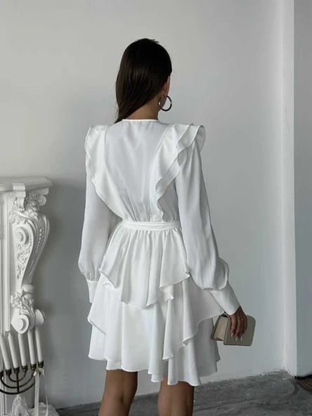 Ekru Fırfır ve Düğme Detaylı Uzun Kollu Katmanlı Mini Elbise - Resim 3