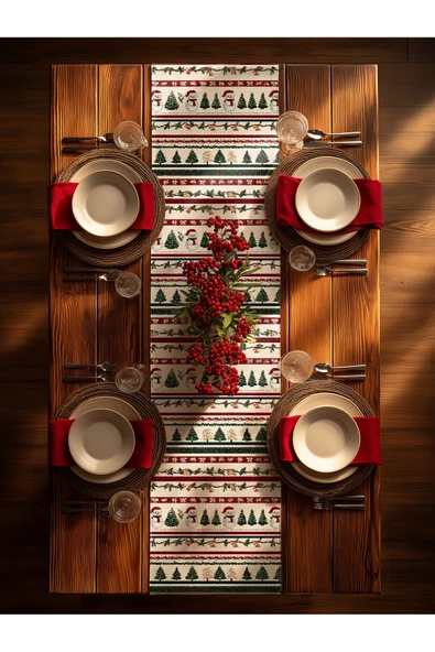 Medi Home Yılbaşı Kardan Adamlı Nordic Deseni Runner ürün görseli 1