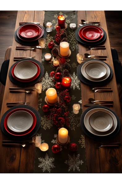 Medi Home Yılbaşı Golden Flake Kar Tanesi Desenli Runner – Hardal Sarı - Resim 9