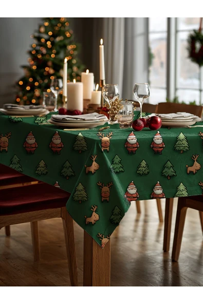 Medi Home Yılbaşı Çizgi Noel Baba & Geyik Deseni Masa Örtüsü - Resim 2