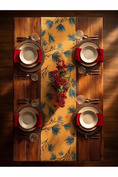 Medi Home Yılbaşı Lacivert Çam Dalı Deseni Runner - Resim 7