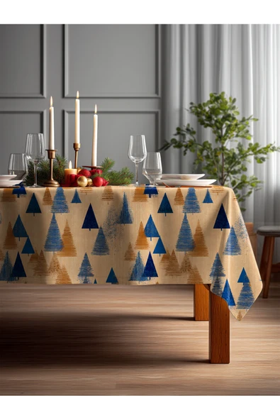 Medi Home Yılbaşı Mavi-Karamel Çam Deseni Masa Örtüsü ürün görseli 1