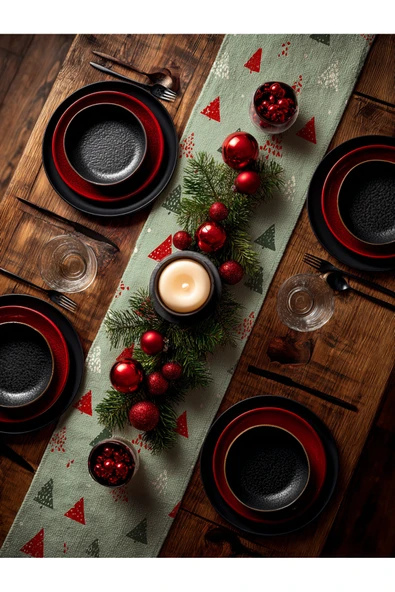 Medi Home Yılbaşı Evergreen Geometry Ağaç Desenli Runner – Açık Yeşil - Resim 2