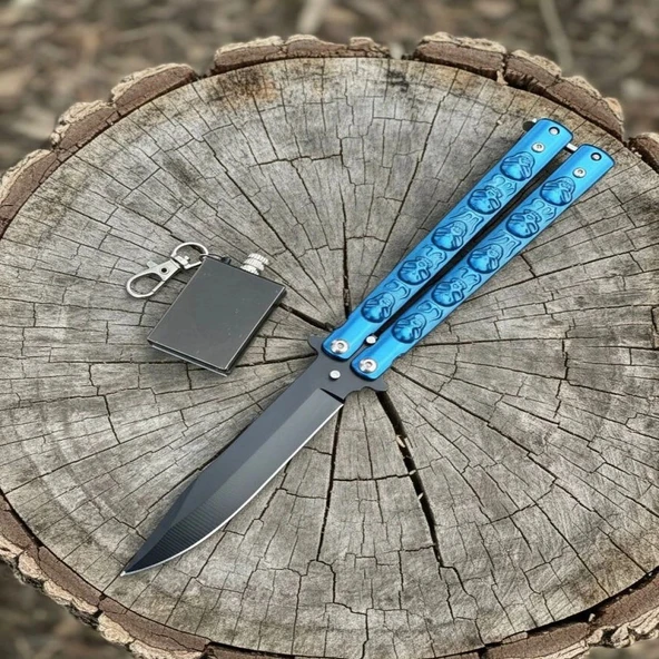 AlsepeteAvm Mavi Kuru Kafa Desenli Kibrit Hediyeli Kelebek Çakı ürün görseli 1