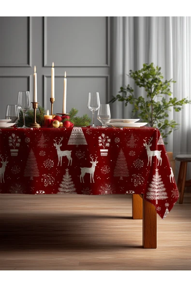 Medi Home Yılbaşı Geyik & Kar Taneleri Deseni Masa Örtüsü ürün görseli 1