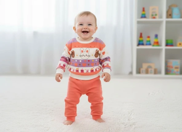 Çocuk Unisex Tavşan Baskılı Pamuk Uzun Kollu Mevsimlik Alt Üst Takım - Resim 12