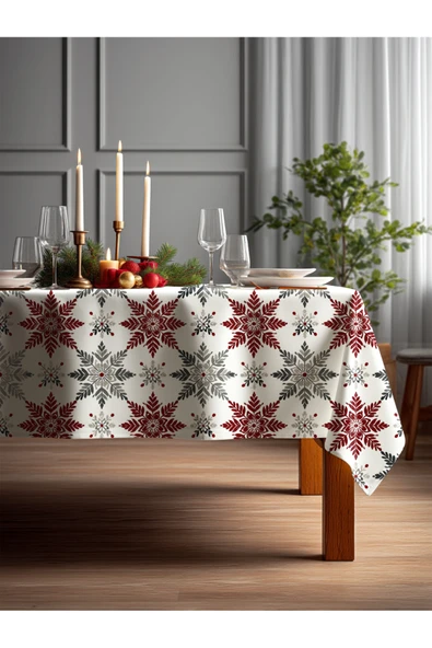 Medi Home Yılbaşı Kar Çiçeği Rozet Deseni Masa Örtüsü ürün görseli 1