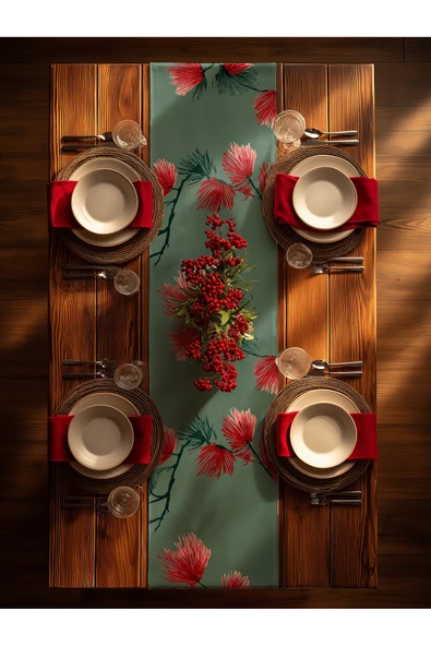 Medi Home Yılbaşı Indigo Breeze Fırça Desenli Çam Dalı Runner – Mavi & Bej - Resim 6