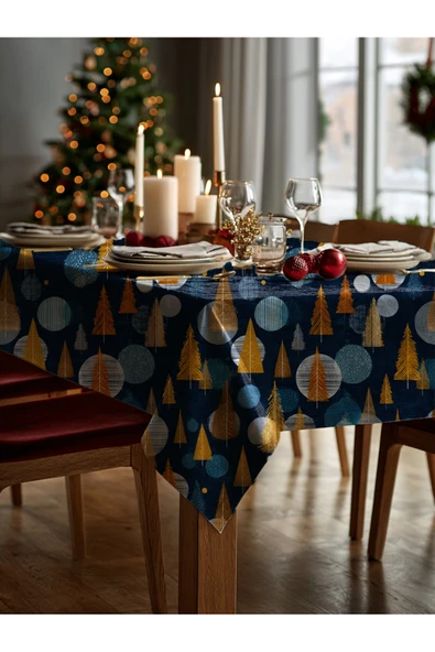 Medi Home Yılbaşı Altın Çam Ağaçları Masa Örtüsü - Resim 3