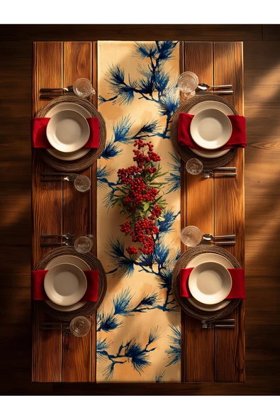 Medi Home Yılbaşı Indigo Breeze Fırça Desenli Çam Dalı Runner – Mavi & Bej - Resim 3