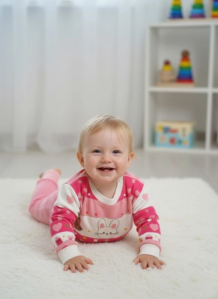 Çocuk Unisex Tavşan Baskılı Pamuk Uzun Kollu Mevsimlik Alt Üst Takım - Resim 6