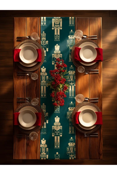 Medi Home Yılbaşı Zümrüt Fındıkkıran Deseni Runner – Koyu Yeşil & Bej ürün görseli 1