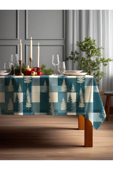 Medi Home Yılbaşı Mavi Çam Ormanı Kare Masa Örtüsü ürün görseli 1