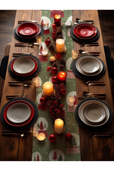 Medi Home Yılbaşı Festive Globe Kırmızı Yeşil Kar Küresi Desenli Runner – Zeytin Yeşili - Resim 3