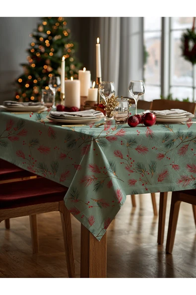 Medi Home Yılbaşı Çam Dalı ve Kırmızı Meyve Deseni Masa Örtüsü - Resim 3