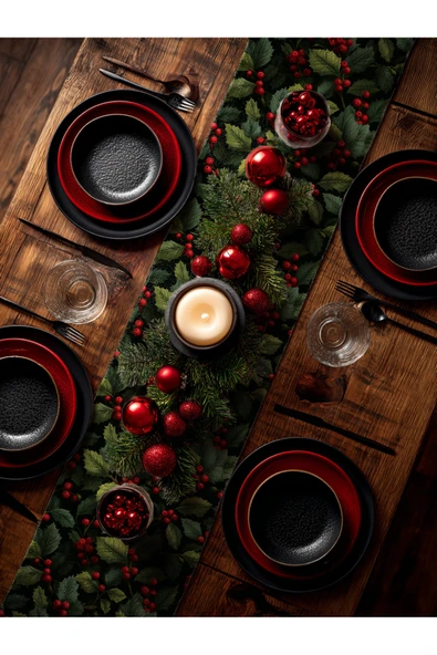 Medi Home Yılbaşı Frosty Berry Kırmızı Meyve ve Mavi Yaprak Desenli Runner – Krem Zemin - Resim 8