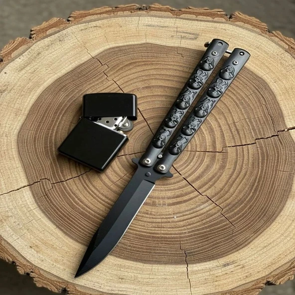 AlsepeteAvm Siyah Kuru Kafa Desenli Çakmak Hediyeli Kelebek Çakı ürün görseli 1