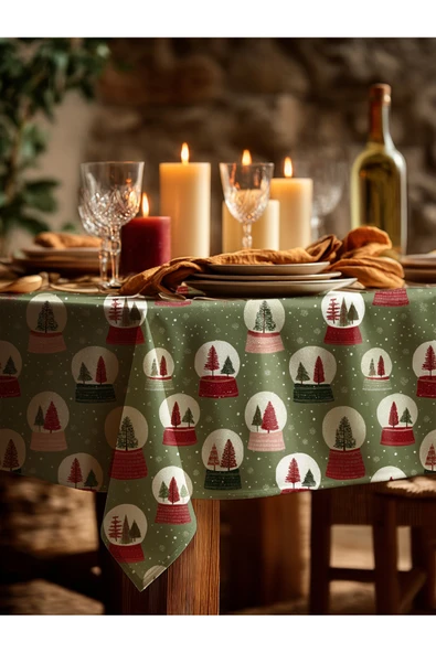 Medi Home Yılbaşı Kırmızı-Yeşil Kar Küreleri Masa Örtüsü - Resim 3