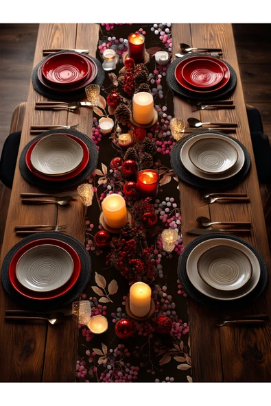 Medi Home Yılbaşı Frosty Berry Kırmızı Meyve ve Mavi Yaprak Desenli Runner – Krem Zemin - Resim 6