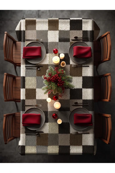 Medi Home Yılbaşı Bej Siyah Örgü Kare Deseni Masa Örtüsü - Resim 2