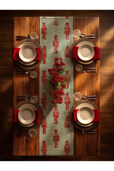 Medi Home Yılbaşı Zümrüt Fındıkkıran Deseni Runner – Koyu Yeşil & Bej - Resim 3