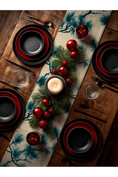 Medi Home Yılbaşı Indigo Breeze Fırça Desenli Çam Dalı Runner – Mavi & Bej - Resim 8