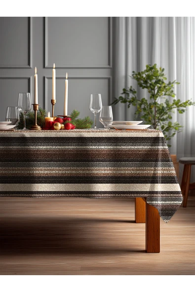Medi Home Rustik Kahve Tonlarında Örgü Çizgili Masa Örtüsü ürün görseli 1