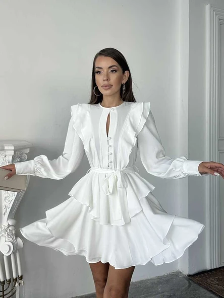 Ekru Fırfır ve Düğme Detaylı Uzun Kollu Katmanlı Mini Elbise - Resim 4