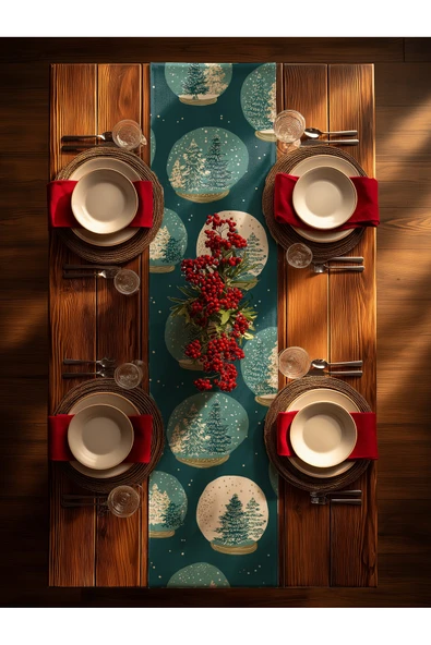 Medi Home Yılbaşı Festive Globe Kırmızı Yeşil Kar Küresi Desenli Runner – Zeytin Yeşili - Resim 4