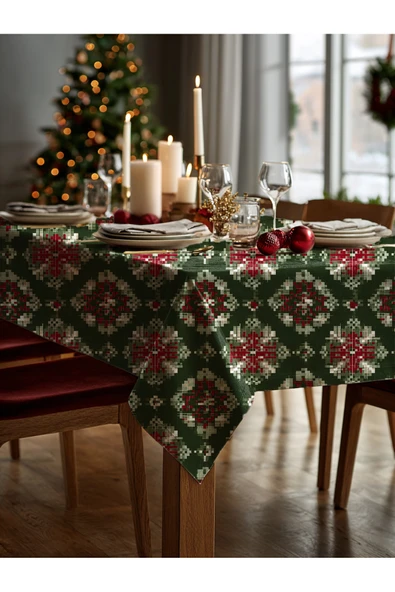 Medi Home Yılbaşı Klasik Nordic Kare Deseni Masa Örtüsü - Resim 3