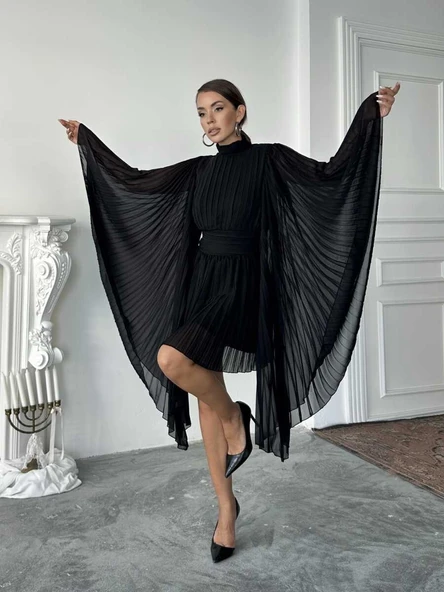 Pileli Pelerin Kollu Midi Elbise - Resim 11