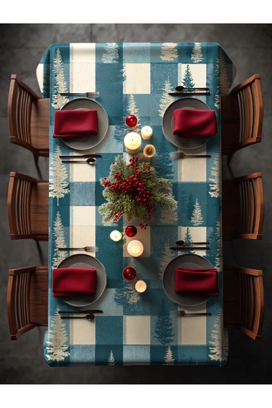 Medi Home Yılbaşı Mavi Çam Ormanı Kare Masa Örtüsü - Resim 2