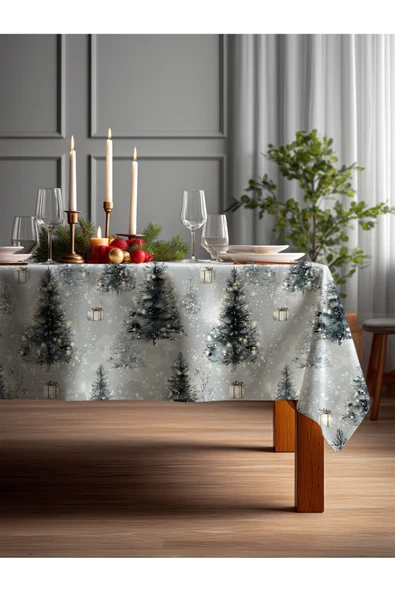Medi Home Yılbaşı Gümüş Kar Manzarası Deseni Masa Örtüsü ürün görseli 1