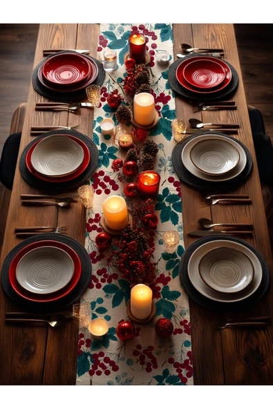 Medi Home Yılbaşı Frosty Berry Kırmızı Meyve ve Mavi Yaprak Desenli Runner – Krem Zemin - Resim 12