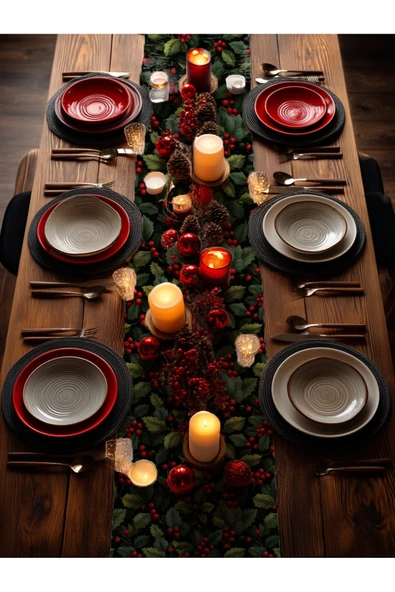 Medi Home Yılbaşı Frosty Berry Kırmızı Meyve ve Mavi Yaprak Desenli Runner – Krem Zemin - Resim 9