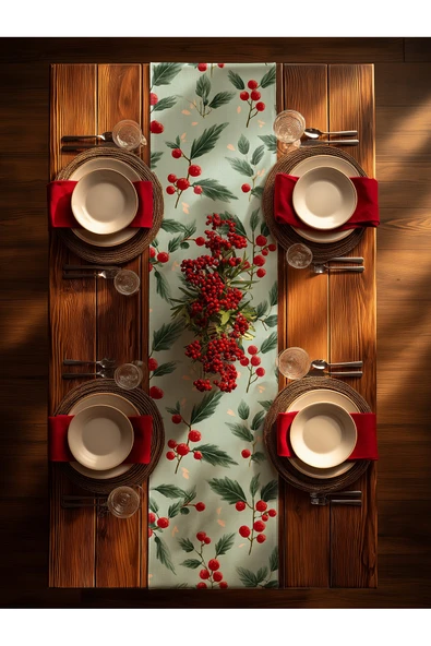 Medi Home Yılbaşı Kırmızı Berry ve Yeşil Yaprak Desenli Runner – Açık Mint Yeşili - Resim 3