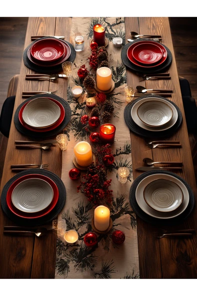 Medi Home Yılbaşı Indigo Breeze Fırça Desenli Çam Dalı Runner – Mavi & Bej - Resim 12