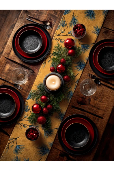 Medi Home Yılbaşı Lacivert Çam Dalı Deseni Runner - Resim 8