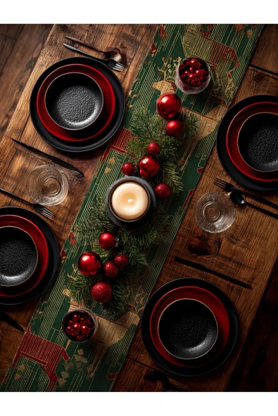 Medi Home Yılbaşı Midnight Majesty Geometrik Geyik Desenli Runner – Lacivert & Altın - Resim 5