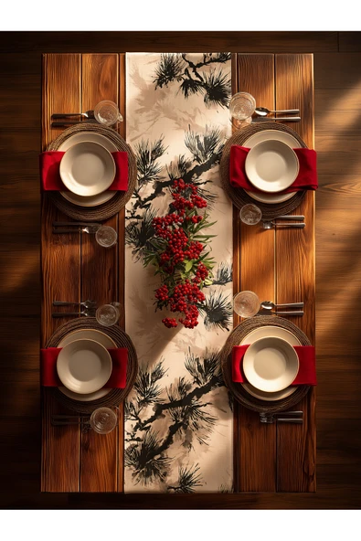 Medi Home Yılbaşı Indigo Breeze Fırça Desenli Çam Dalı Runner – Mavi & Bej - Resim 10