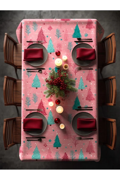 Medi Home Yılbaşı Pembe Çam Ormanı Deseni Masa Örtüsü ürün görseli 1